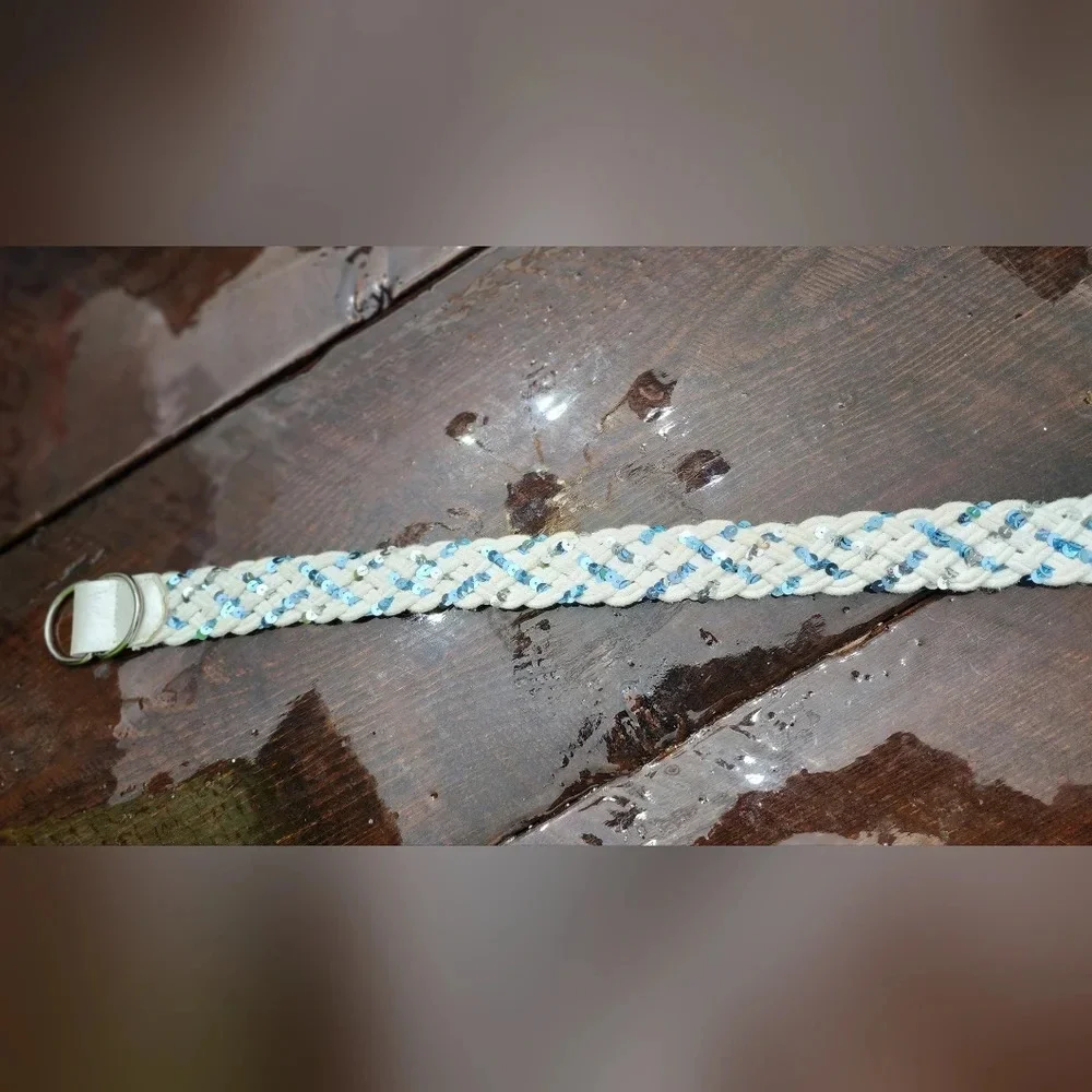 👸👖🩳 White Braided D-ring Belt with blue & silver sequins